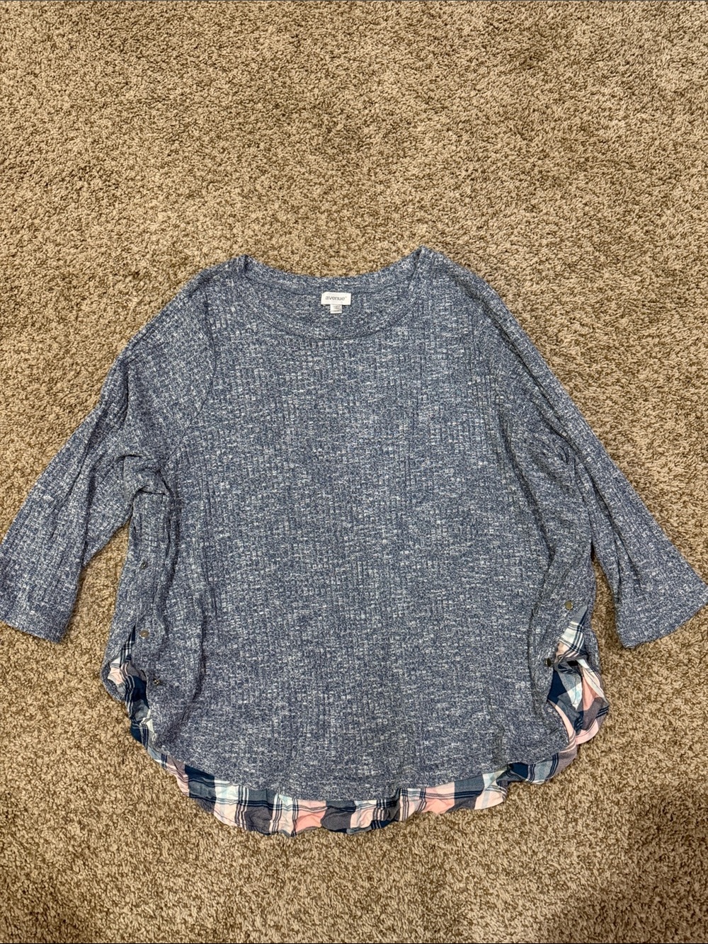Avenue Blue Heathered Knit Top with Plaid Trim